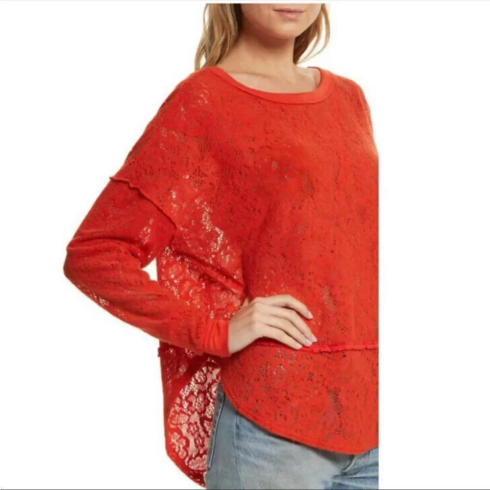 FREE PEOPLE | Not Cold Eyelet Oversized Orange Red Sweater Women’s Size Small